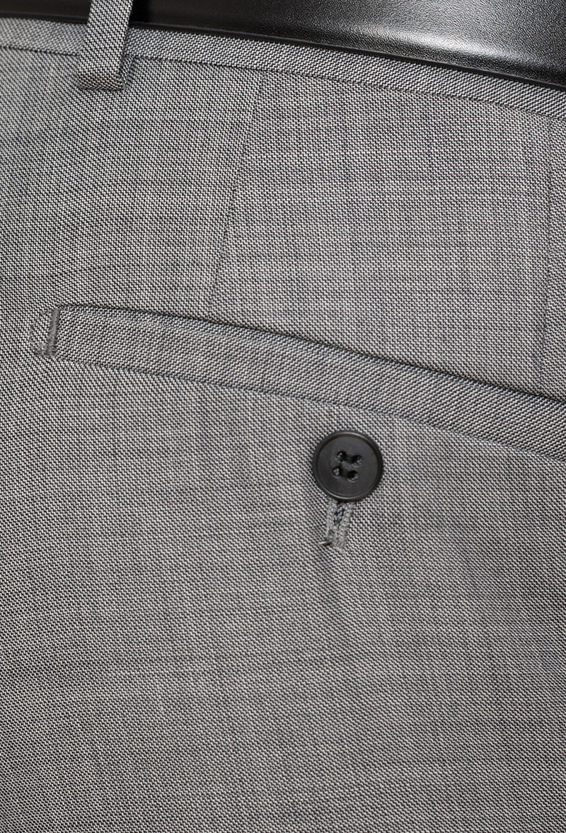 A close up view of the Gibson slim fit caper trouser in grey pure wool FGE645 back pocket details