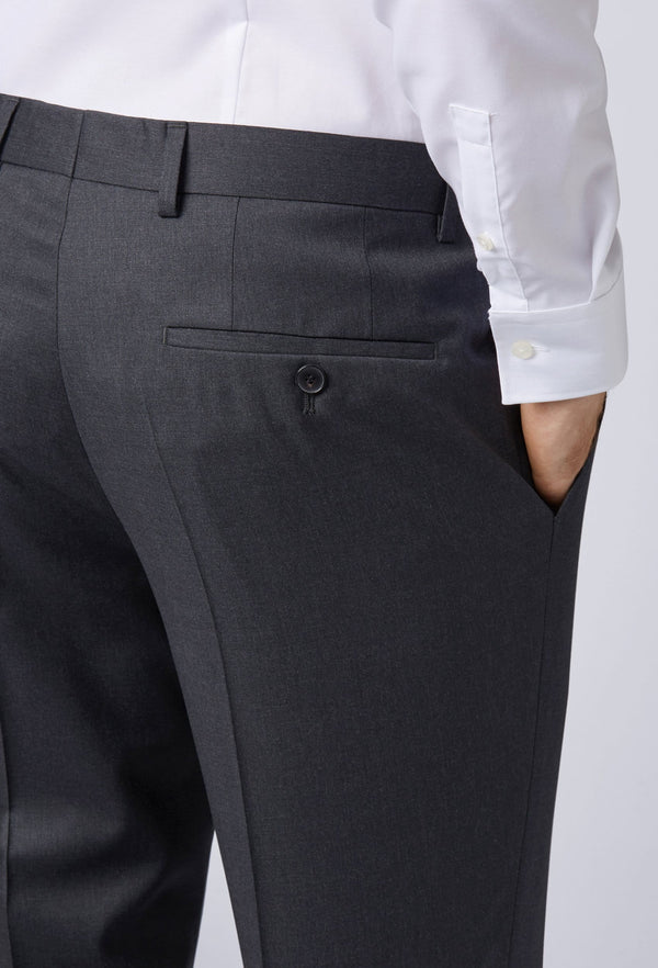 A close up view of the rear of the Hugo Boss classic fit johnstons suit trouser in dark grey 