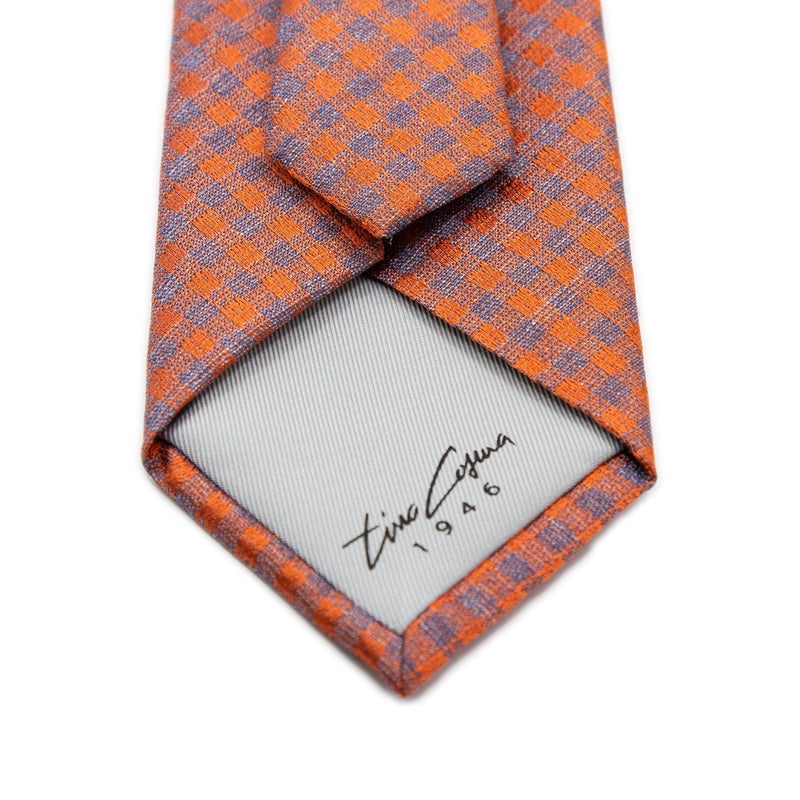 Mens Italian Gingham Check Silk Neck Tie in Orange
