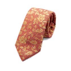 Mens Italian Floral Silk Neck Tie in Orange and Gold