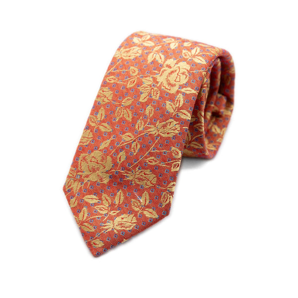 Mens Italian Floral Silk Neck Tie in Orange and Gold