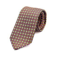 Mens Italian Geometric Silk Neck Tie in Gold and Fuschia