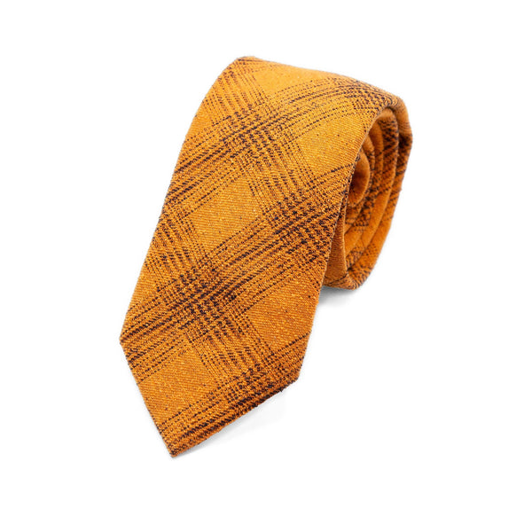 Mens Italian Heavy Woven Textured Check Silk Neck Tie in Orange