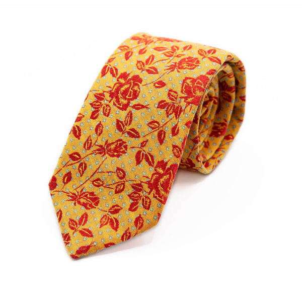 Mens Italian Floral Silk Neck Tie in Gold and Orange