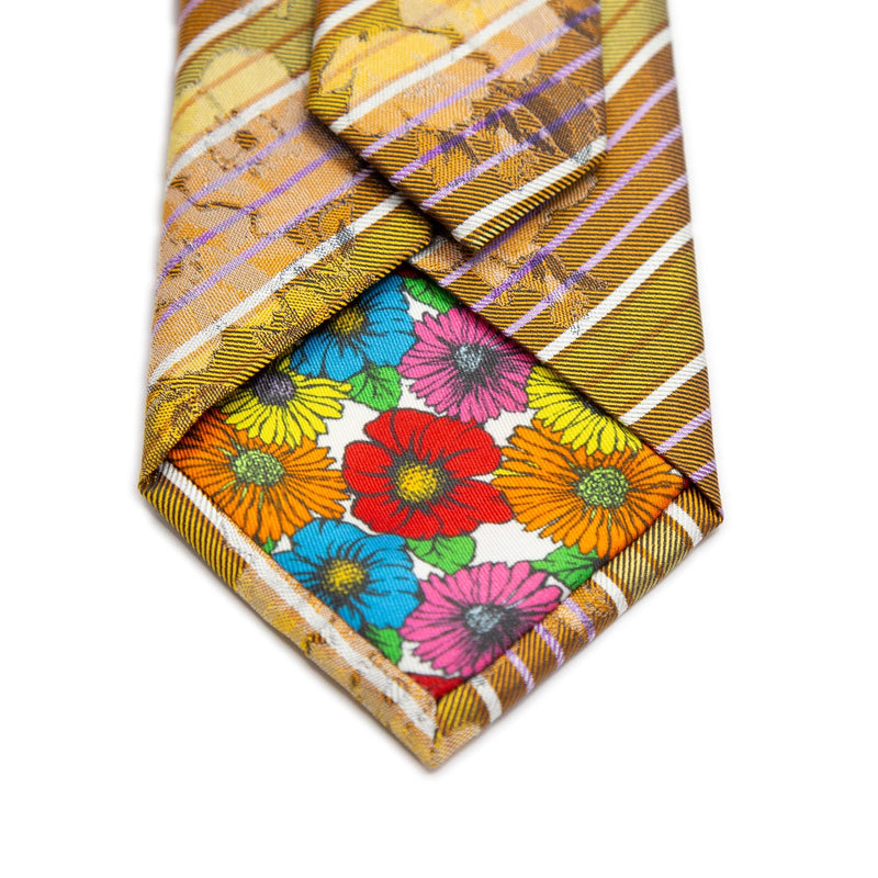 Mens Italian Striped Floral Silk Neck Tie in Gold and Orange