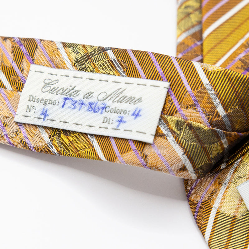 Mens Italian Striped Floral Silk Neck Tie in Gold and Orange