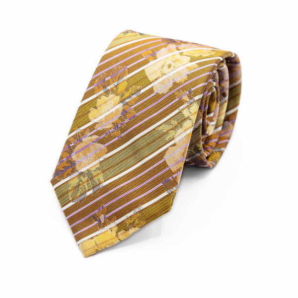 Mens Italian Striped Floral Silk Neck Tie in Gold and Orange