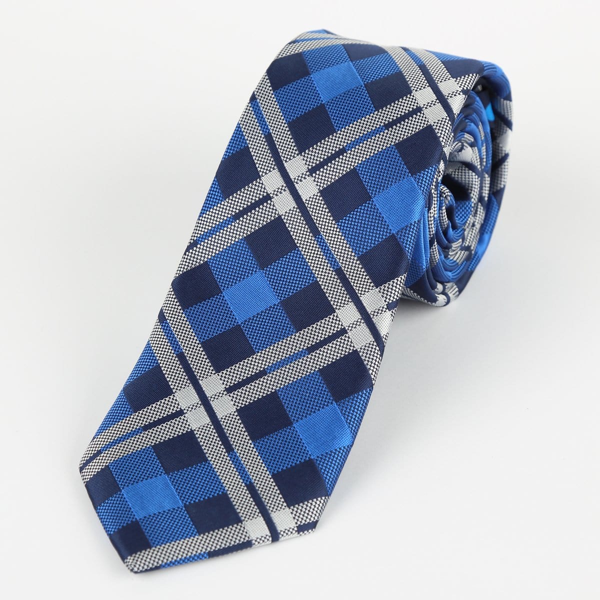 James Adelin Luxury Check Neck Tie in Navy, Royal and Silver