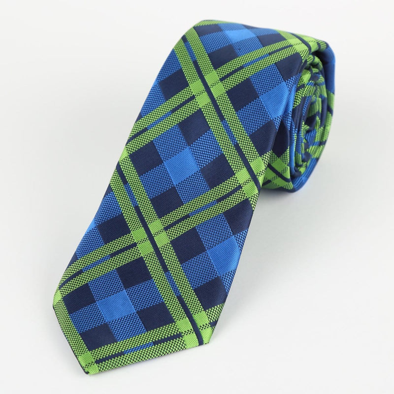 James Adelin Luxury Neck Tie in Navy, Royal and Lime Green Check