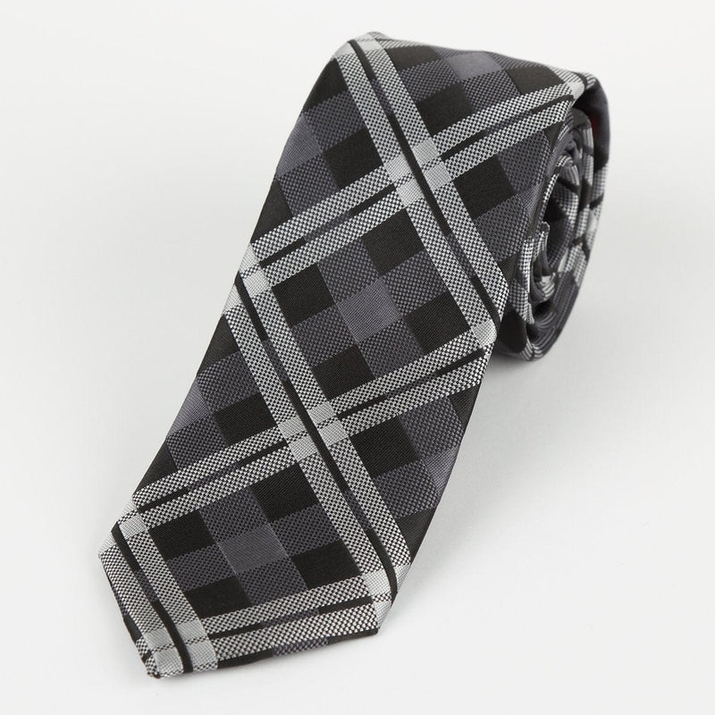 James Adelin Luxury Neck Tie in Black, Charcoal and Silver Check