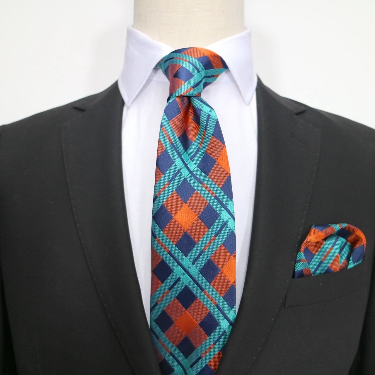 James Adelin Luxury Check Pocket Square in Navy, Orange and Aqua