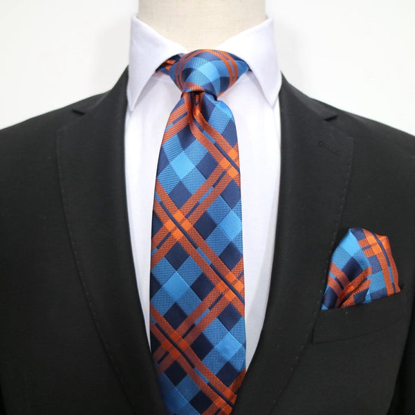 James Adelin Luxury Check Pocket Square in Navy, Blue and Orange