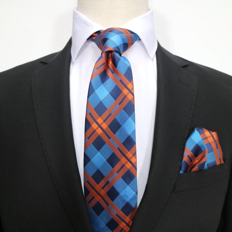 James Adelin Luxury Neck Tie in Navy, Blue and Orange Check