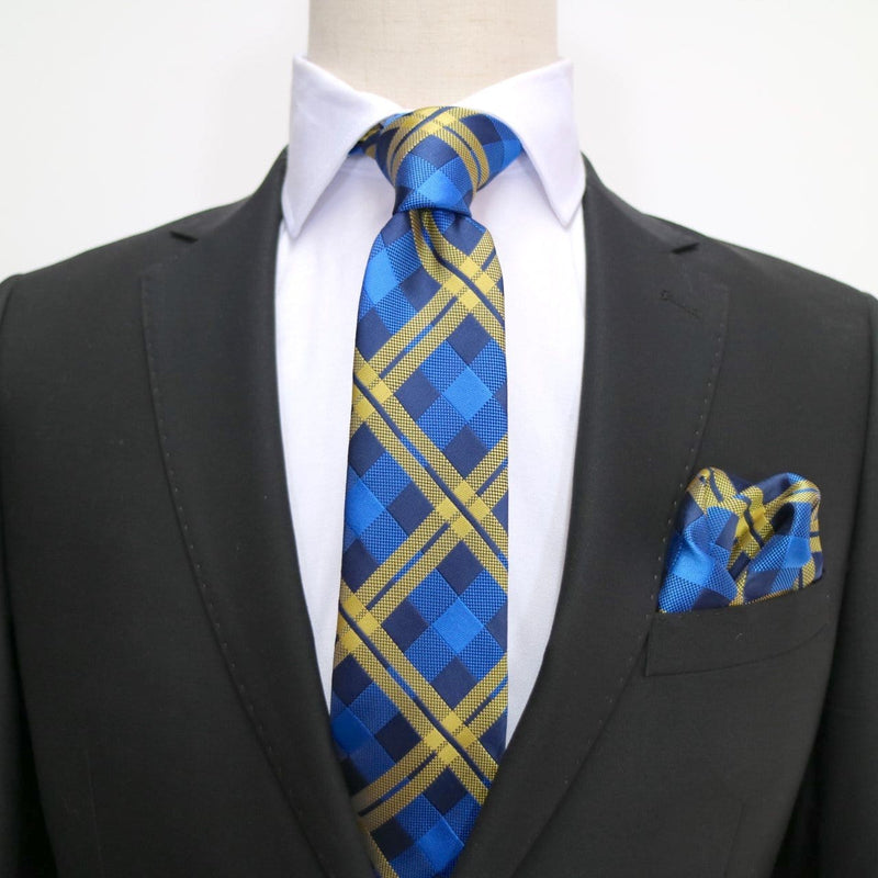 James Adelin Luxury Check Pocket Square in Navy, Royal and Gold