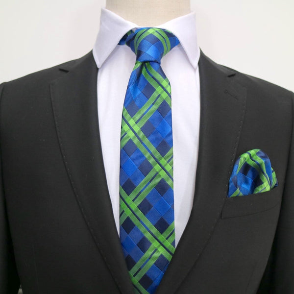 James Adelin Luxury Neck Tie in Navy, Royal and Lime Green Check