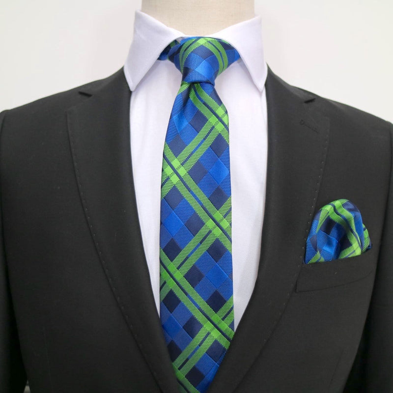 James Adelin Luxury Check Pocket Square in Navy, Royal and Lime Green