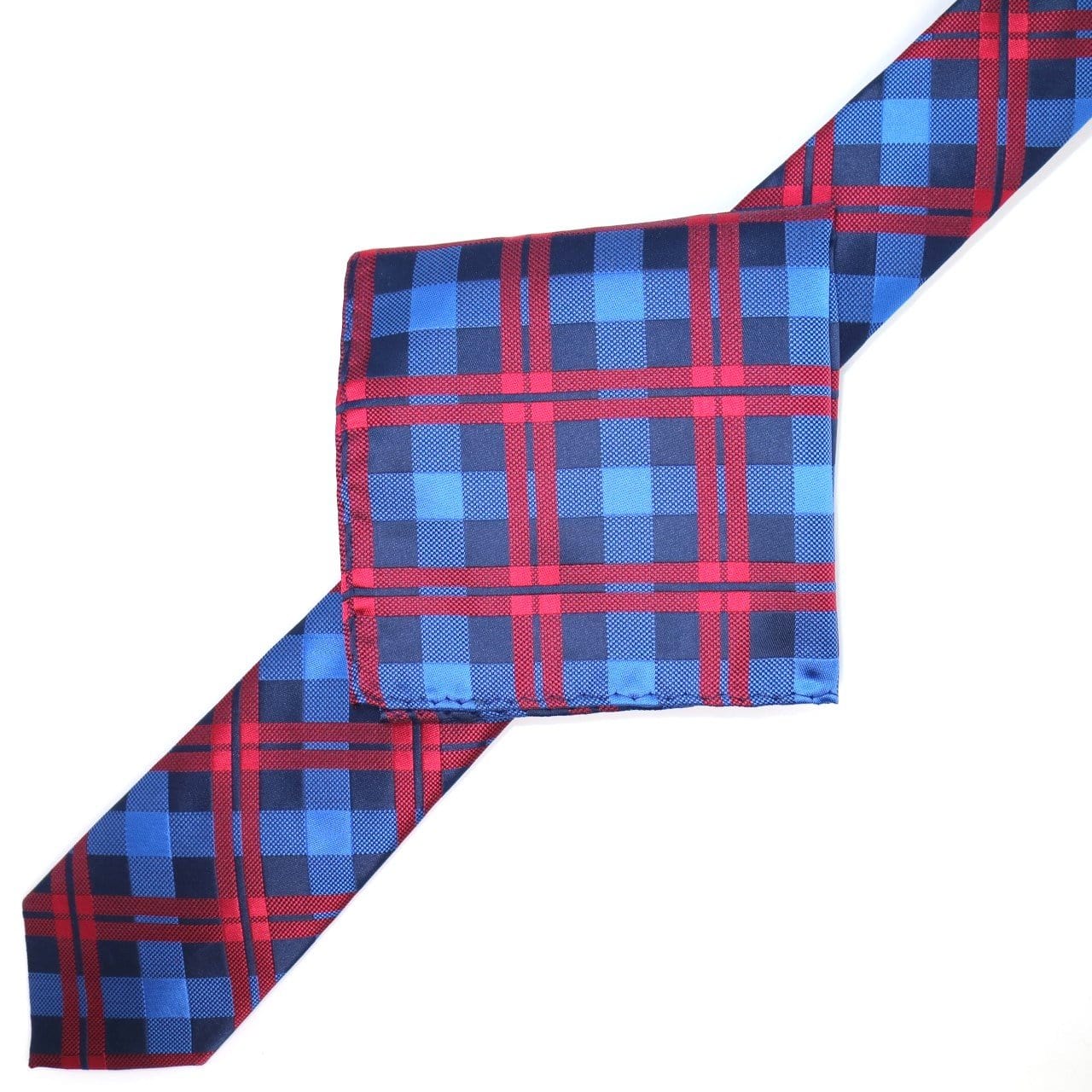 James Adelin Luxury Neck Tie in Navy, Royal and Red Check