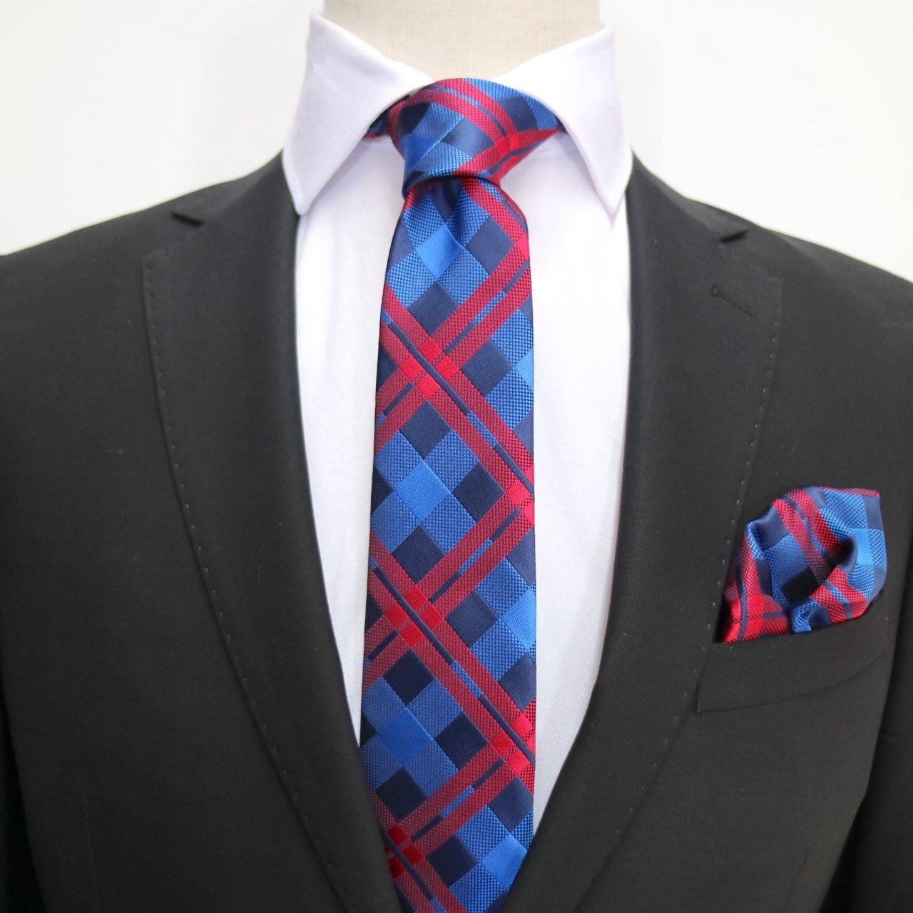 James Adelin Luxury Check Pocket Square in Navy, Royal and Red