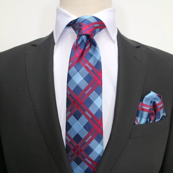 James Adelin Check Neck Tie in Navy, Blue and Burgundy
