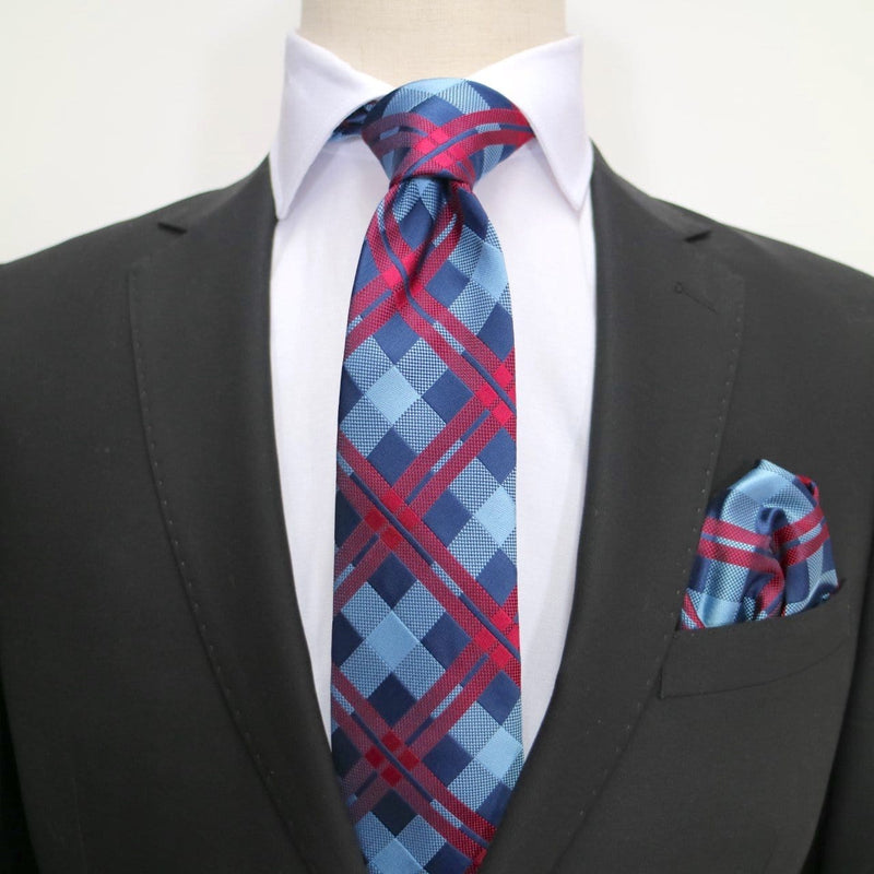 James Adelin Check Pocket Square in Navy, Blue and Burgundy