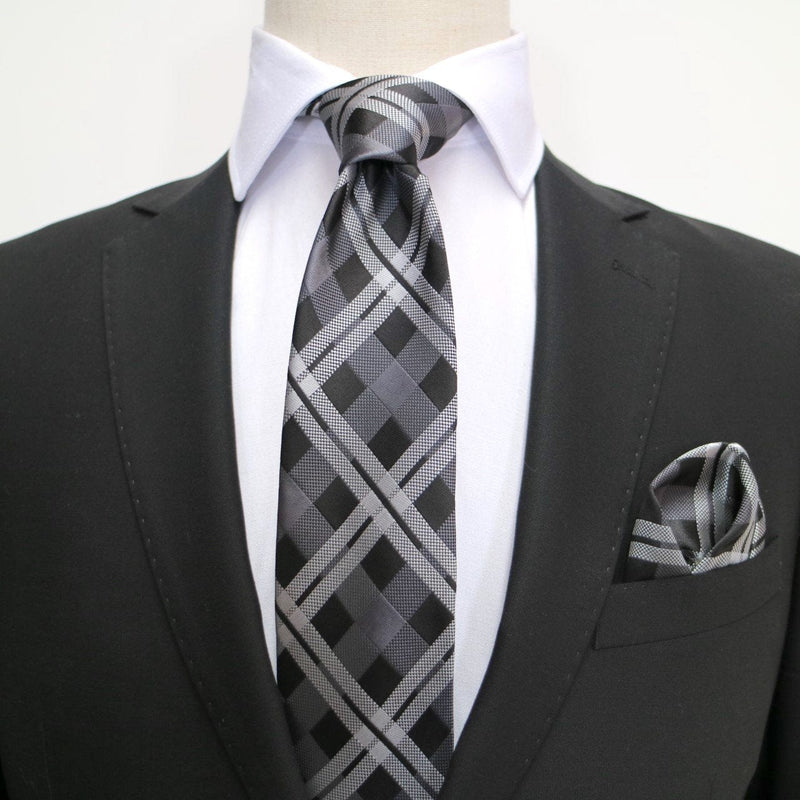 James Adelin Luxury Neck Tie in Black, Charcoal and Silver Check