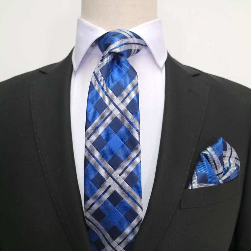 James Adelin Luxury Check Neck Tie in Navy, Royal and Silver