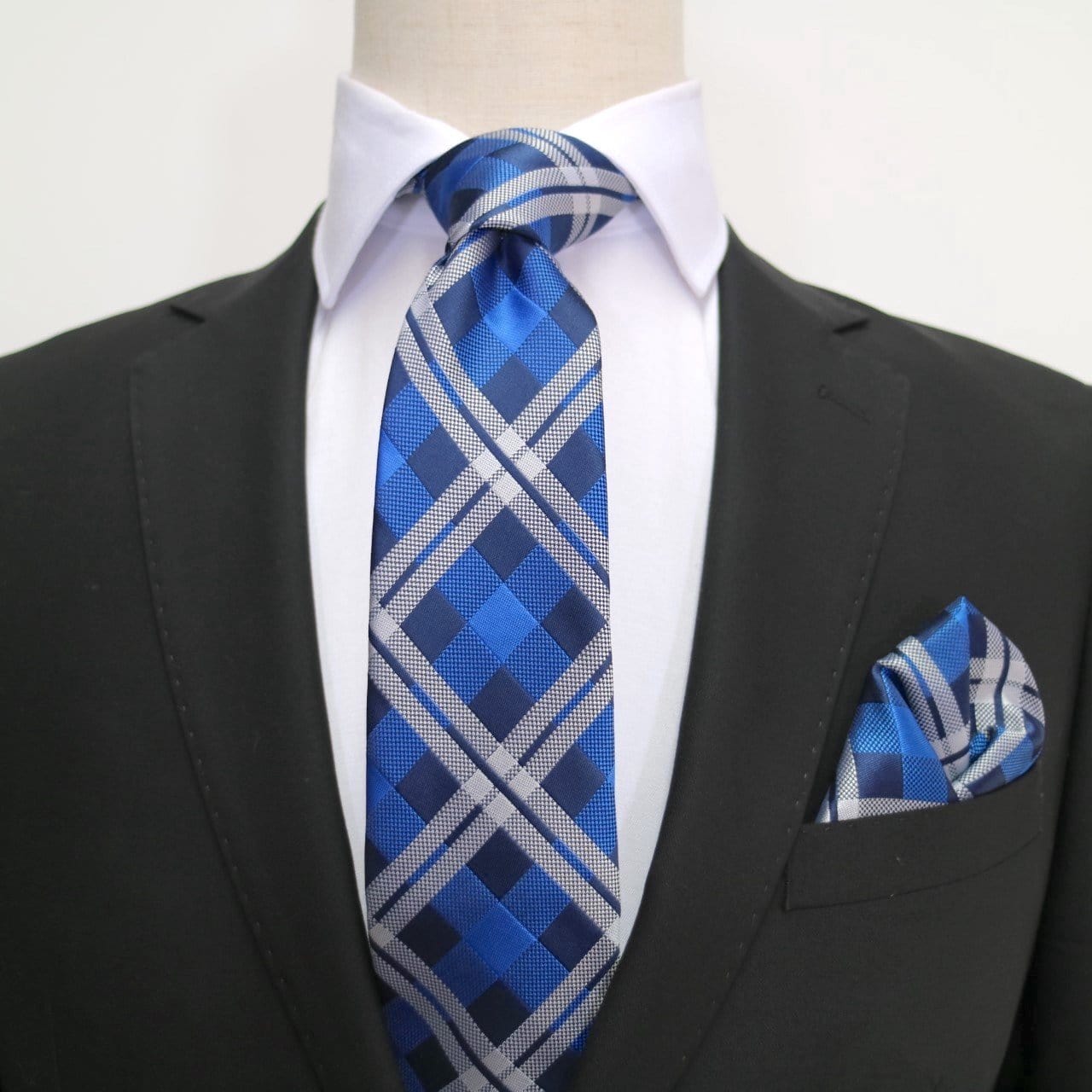 James Adelin Luxury Check Pocket Square in Navy, Royal and Silver
