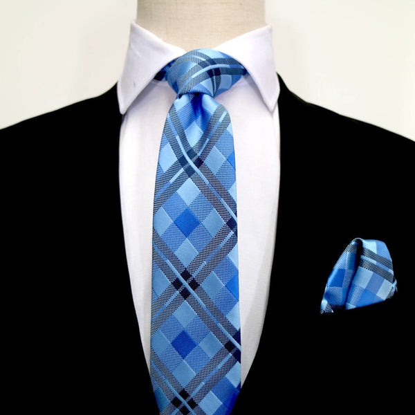 James Adelin Luxury Check Neck Tie in Sky, Blue and Navy