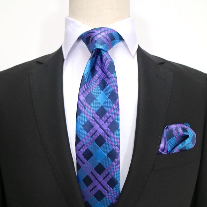 James Adelin Luxury Check Neck Tie in Navy, Turquoise and Purple