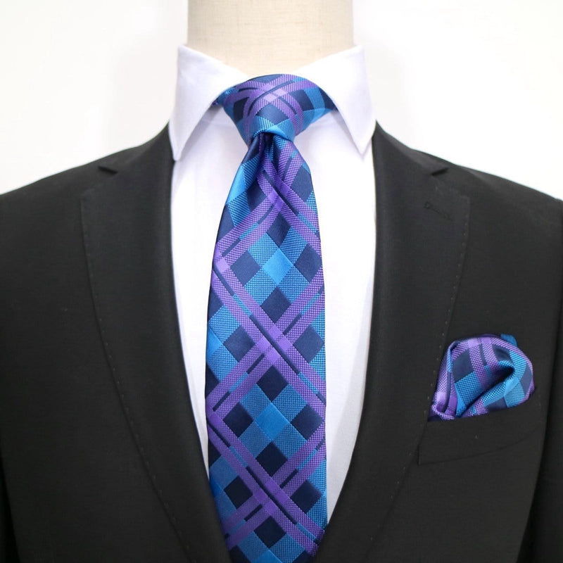 James Adelin Luxury Check Pocket Square in Navy, Turquoise and Purple