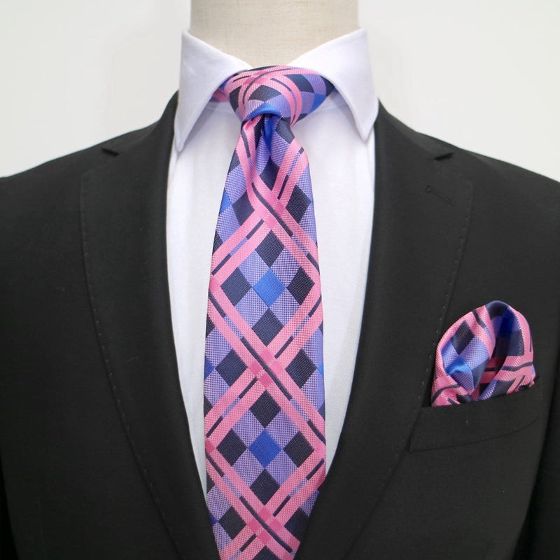 James Adelin Luxury Check Pocket Square in Navy, Pink and Purple