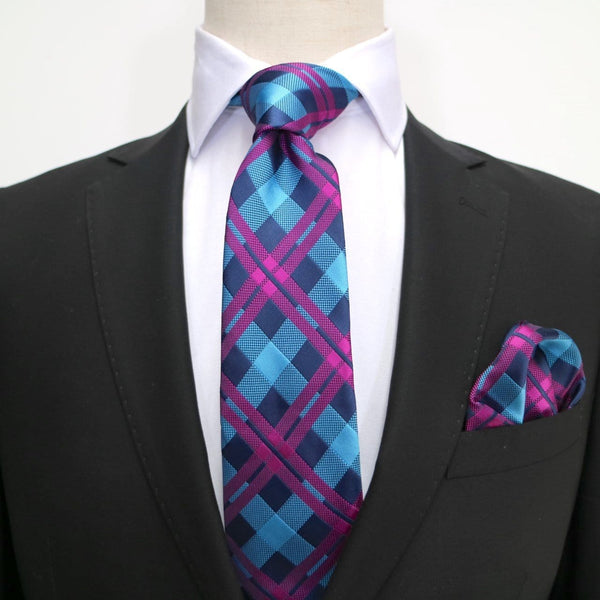 James Adelin Luxury Check Pocket Square in Navy, Turquoise and Magenta