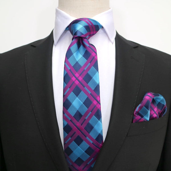 James Adelin Luxury Neck Tie in Navy and Magenta Check