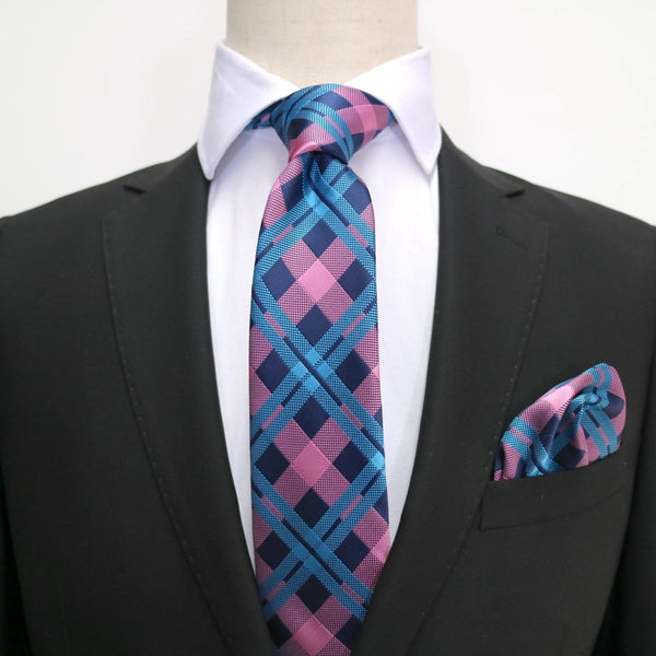 James Adelin Luxury Check Pocket Square in Navy, Pink and Turquoise