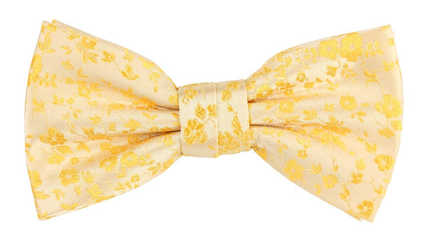 a light gold bow tie with yellow floral print
