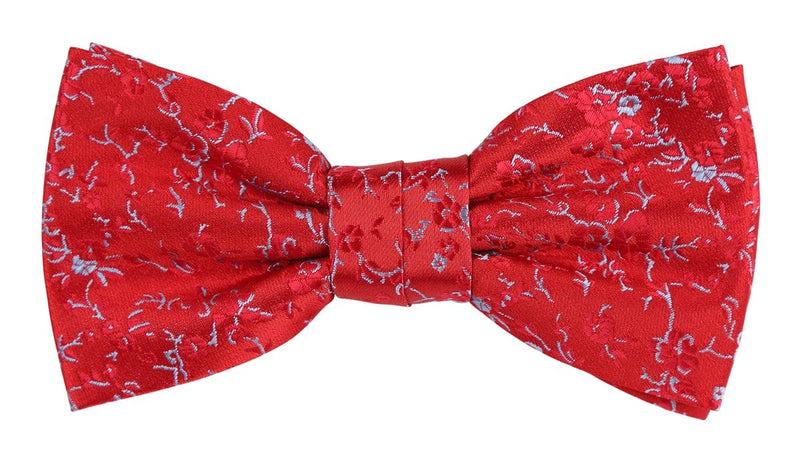 a red bow tie with blue floral print on it
