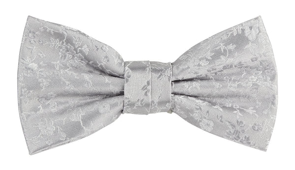 mens silver bow tie with floral detail by james adelin