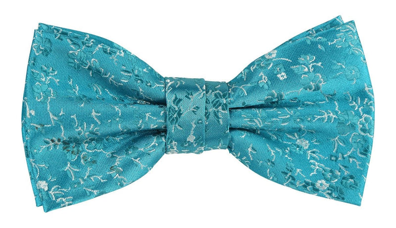 mens floral bow tie in aqua blue with silver detailing