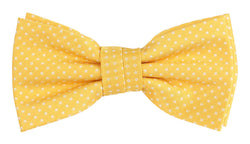 a golden yellow woven bow tie with a white spotted design