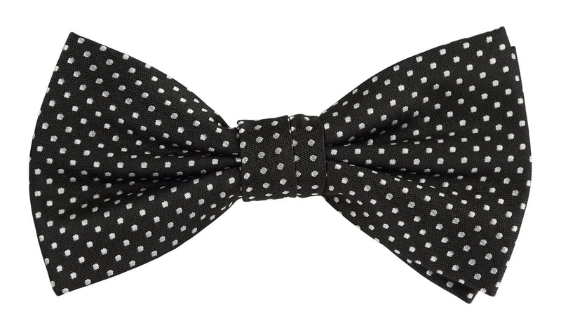 A black bow tie with white spots all over
