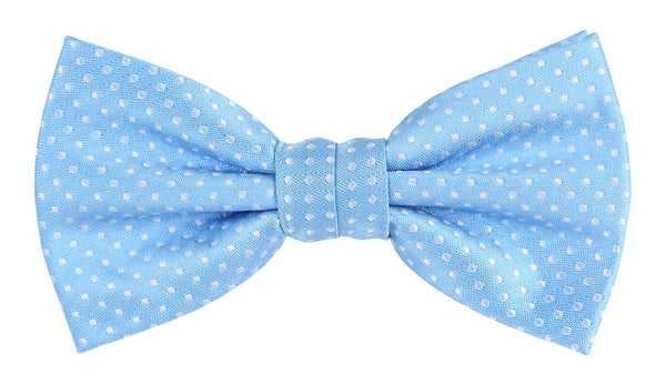 a sky blue bow tie with small white spotted print woven all over