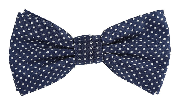 a pre tied navy bow tie with white spotted design