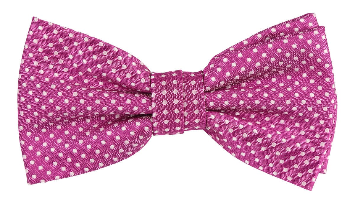 magenta pink bow tie with white spotted design woven into the microfiber