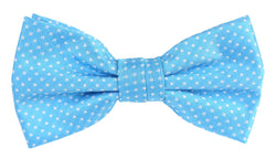 a turquoise blue bow tie with small white spotted print all over