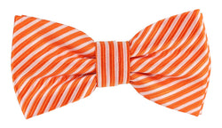 an orange and white diagonal striped bow tie