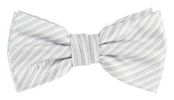 a light silver grey and white striped bow tie