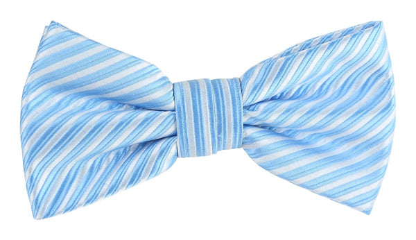 sky blue and white bow tie with diagonal stripe design