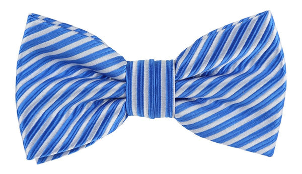 a blue and white diagonal striped mens bow tie