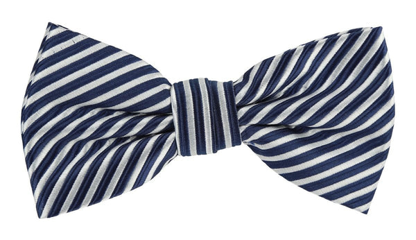 a pre tied bow tie with navy and white diagonal stripes