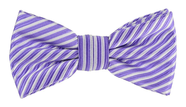 a lilac purple and white bow tie with diagonal stripes
